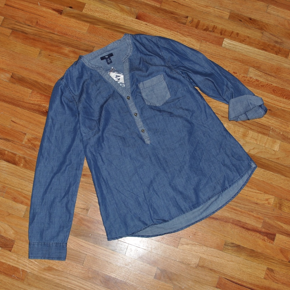 GAP Blue Mixed Chambray Split-Neck Popover Tunic Top sz M NEW Women's Blouse - Picture 8 of 8